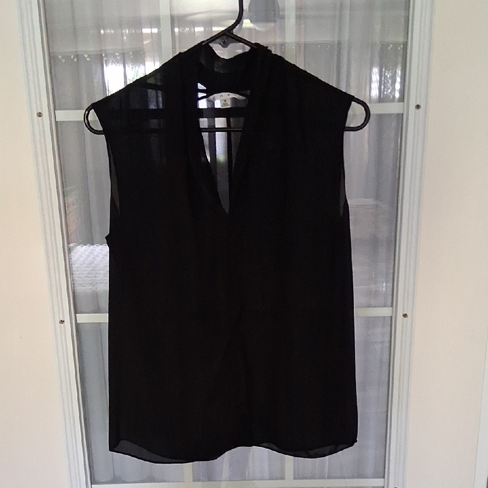 CAbi Black Sleeveless Mandarin Silk Blend Collar Blouse Small
